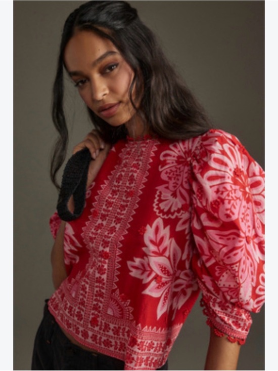 FARM Rio Tops - Farm Rio Red Floral Puff-Sleeve Blouse, Sz L